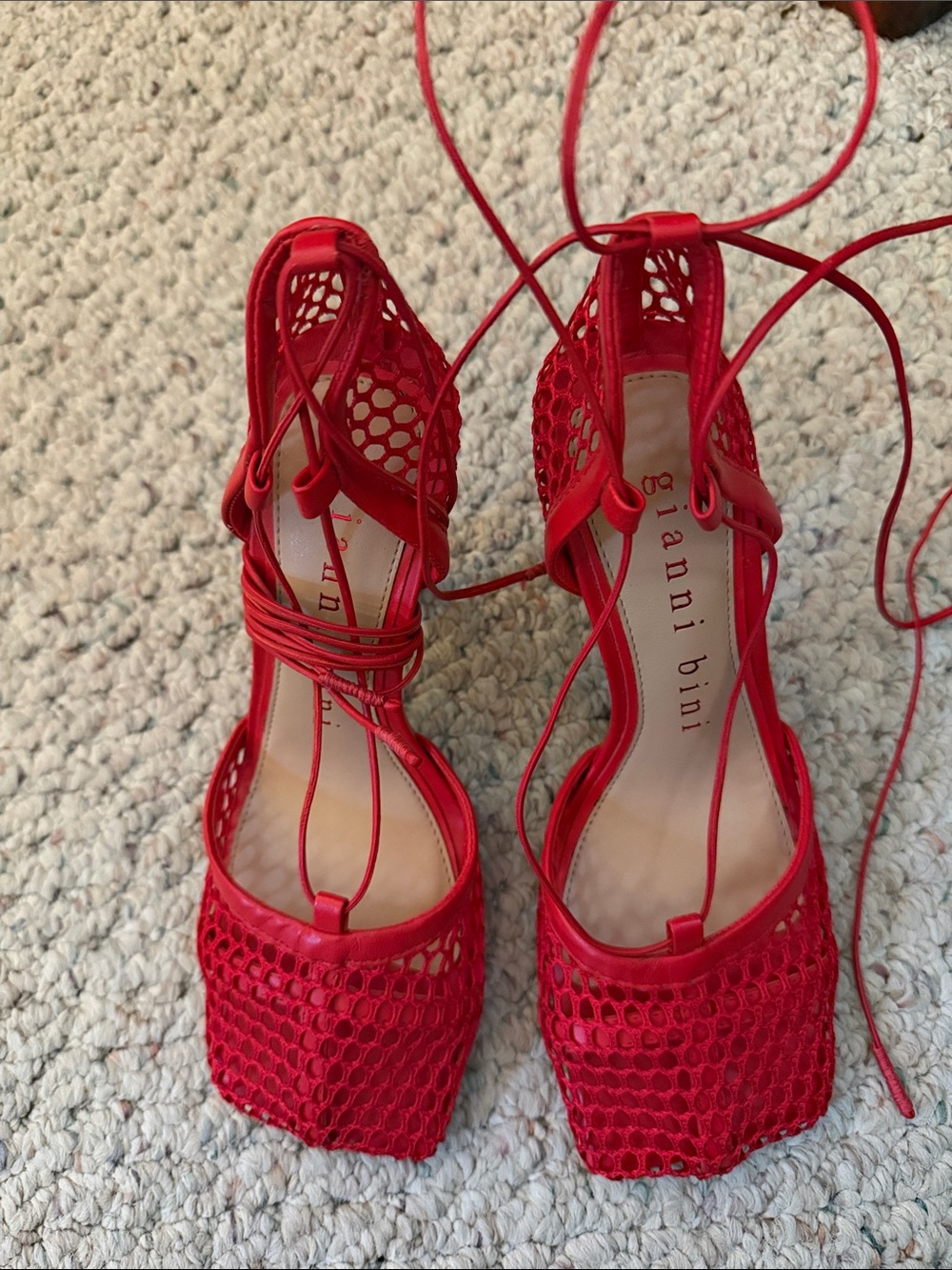 Gianni Bini Red Lace-Up Mesh Square-Toe Heels